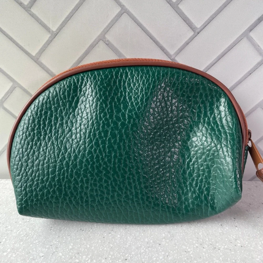 Forest Green Pebble Grain Vegan Leather Cosmetic Bag Wristlet Pouch Brown Trim